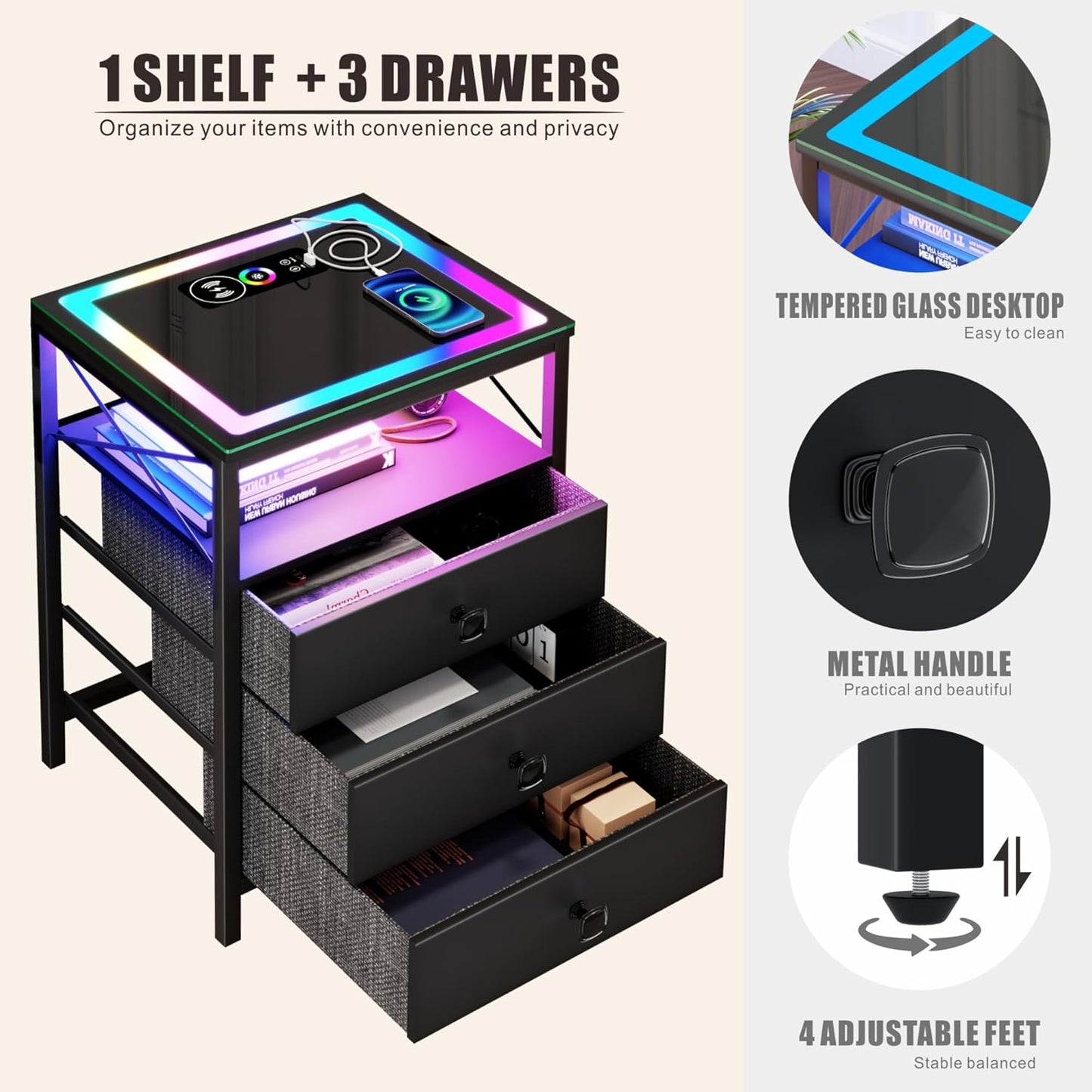 ✨End Table with Charging Station,Glass Top Night Stand with LED Lights,Nightstand with 3 Drawers for Bedroom,Morden Side Table🔮 with Storage Shelves for Smal🤩