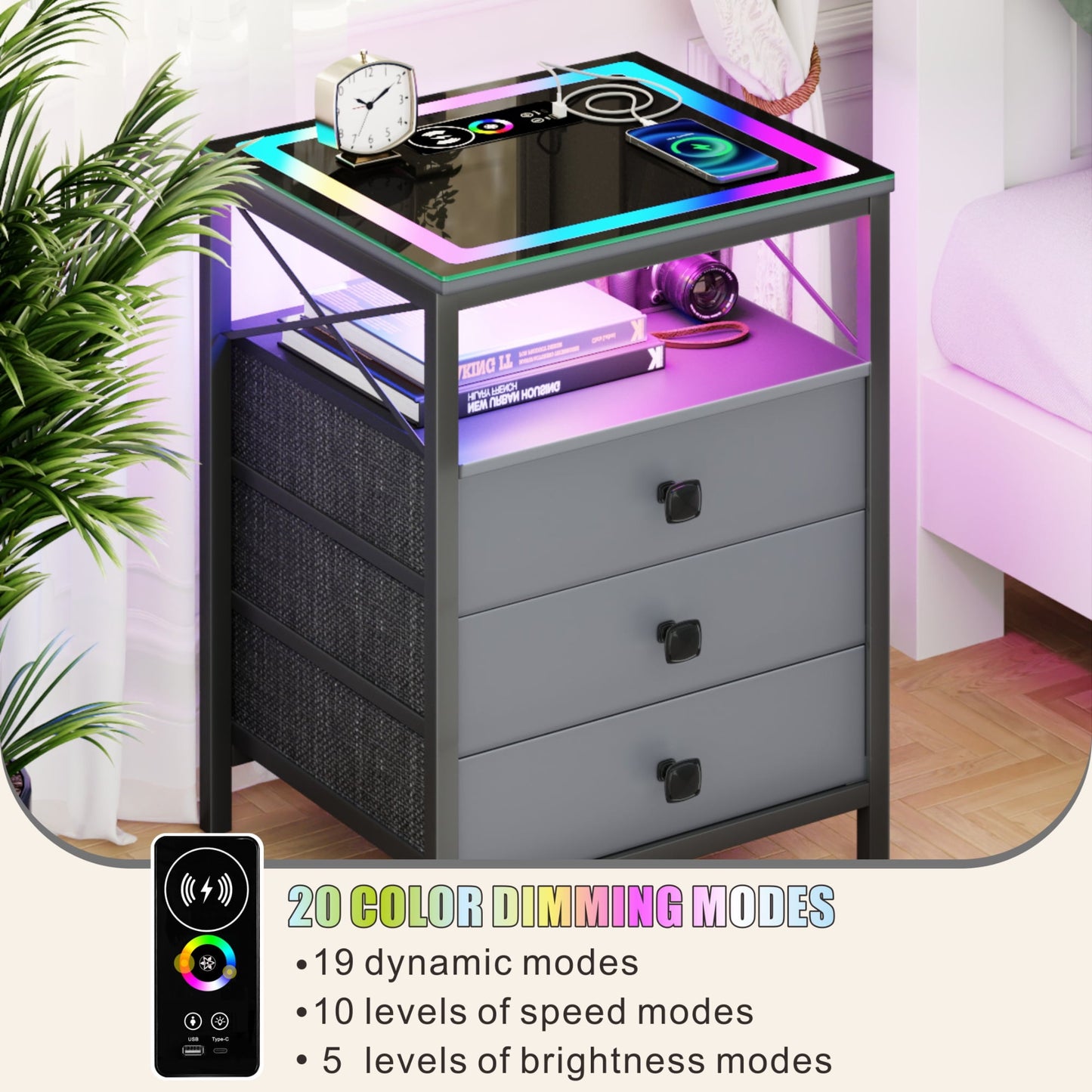 ✨End Table with Charging Station,Glass Top Night Stand with LED Lights,Nightstand with 3 Drawers for Bedroom,Morden Side Table🔮 with Storage Shelves for Smal🤩