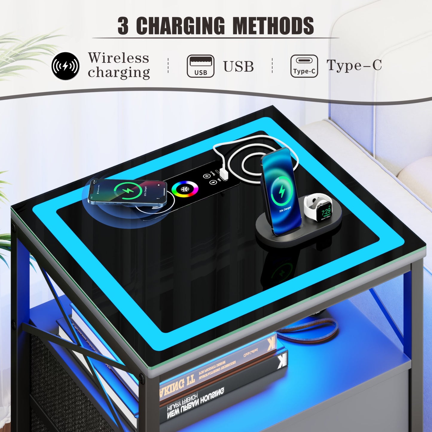 ✨End Table with Charging Station,Glass Top Night Stand with LED Lights,Nightstand with 3 Drawers for Bedroom,Morden Side Table🔮 with Storage Shelves for Smal🤩