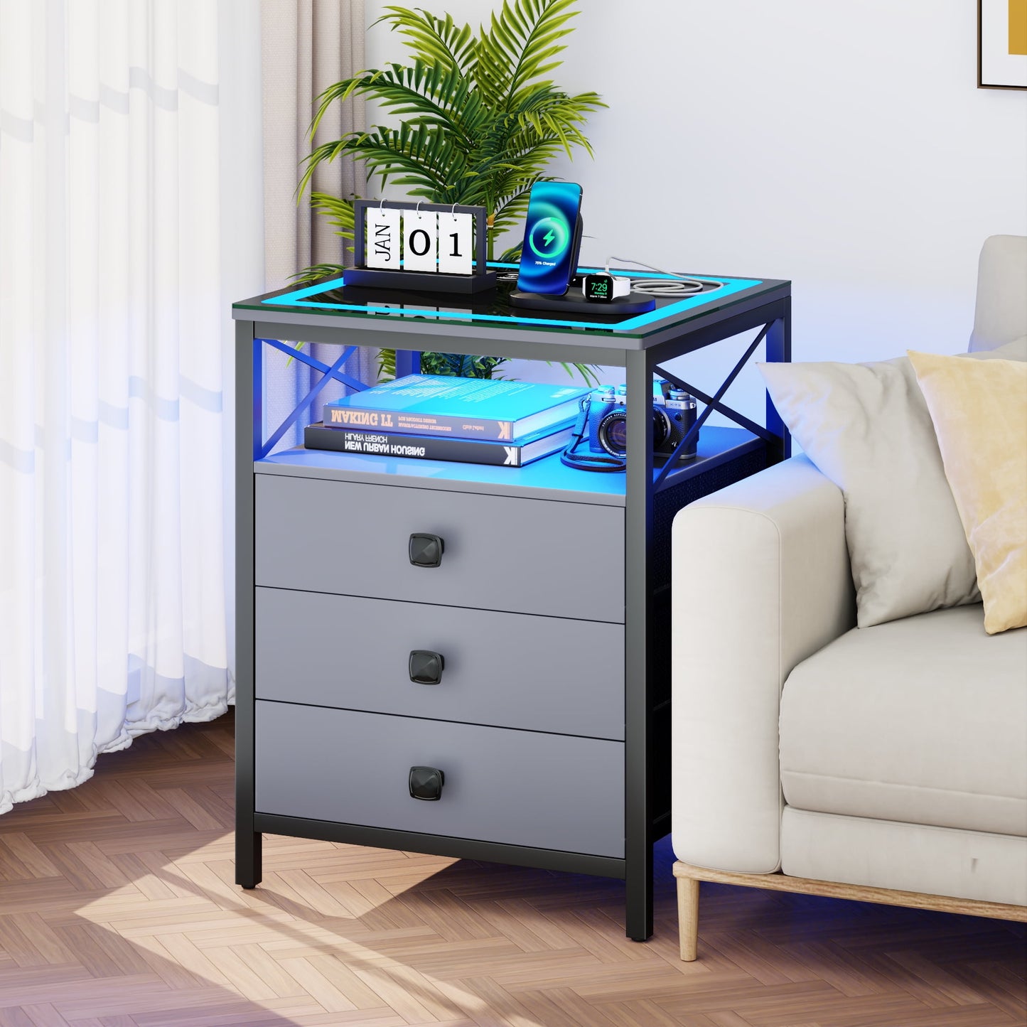 ✨End Table with Charging Station,Glass Top Night Stand with LED Lights,Nightstand with 3 Drawers for Bedroom,Morden Side Table🔮 with Storage Shelves for Smal🤩