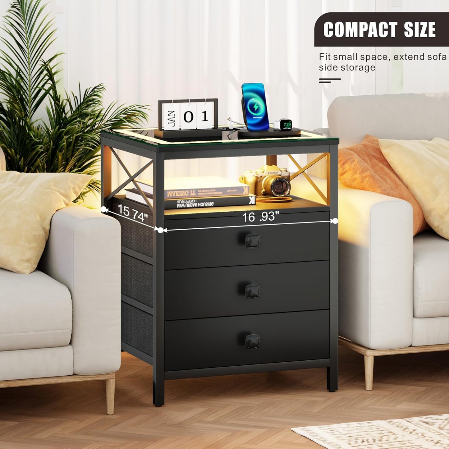 ✨End Table with Charging Station,Glass Top Night Stand with LED Lights,Nightstand with 3 Drawers for Bedroom,Morden Side Table🔮 with Storage Shelves for Smal🤩