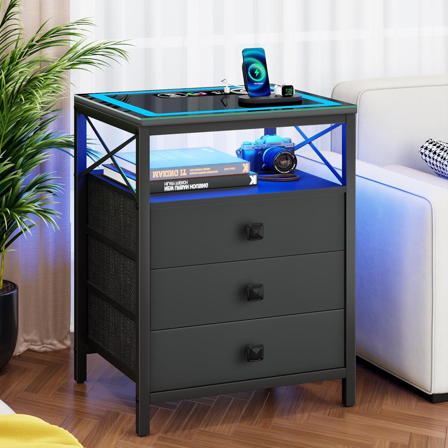 ✨End Table with Charging Station,Glass Top Night Stand with LED Lights,Nightstand with 3 Drawers for Bedroom,Morden Side Table🔮 with Storage Shelves for Smal🤩
