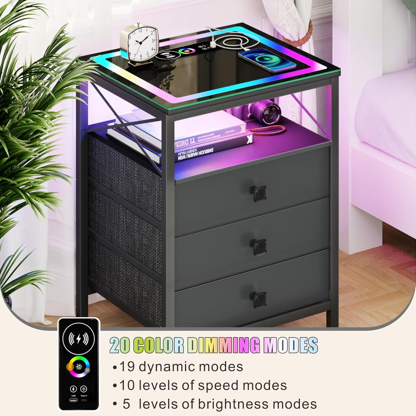 ✨End Table with Charging Station,Glass Top Night Stand with LED Lights,Nightstand with 3 Drawers for Bedroom,Morden Side Table🔮 with Storage Shelves for Smal🤩