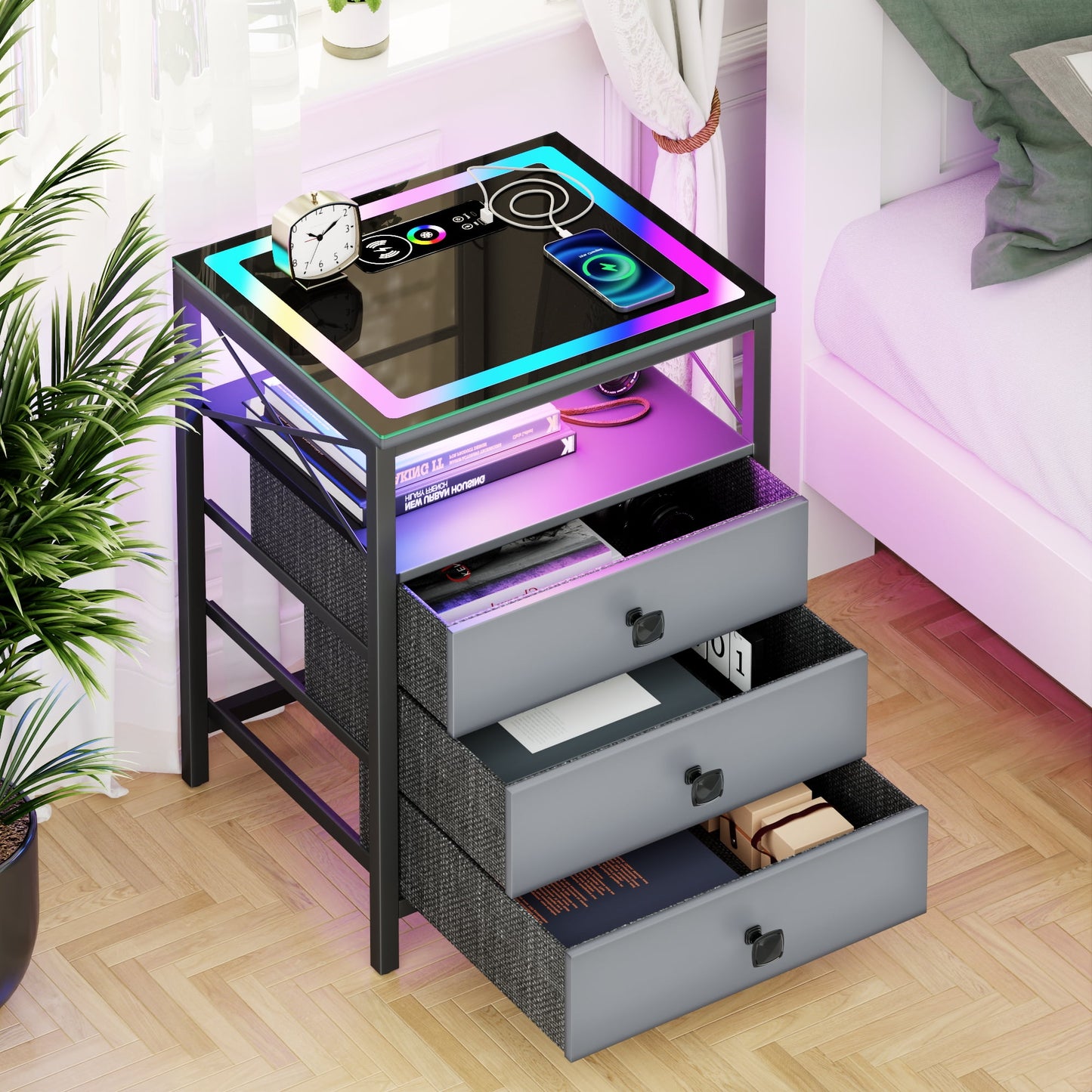 ✨End Table with Charging Station,Glass Top Night Stand with LED Lights,Nightstand with 3 Drawers for Bedroom,Morden Side Table🔮 with Storage Shelves for Smal🤩