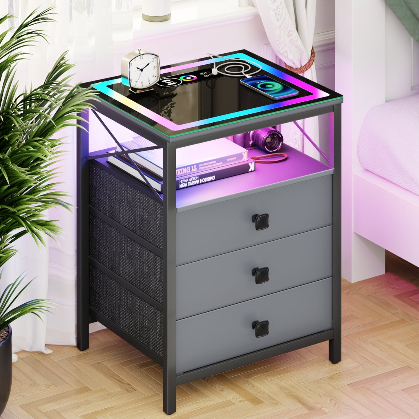 ✨End Table with Charging Station,Glass Top Night Stand with LED Lights,Nightstand with 3 Drawers for Bedroom,Morden Side Table🔮 with Storage Shelves for Smal🤩
