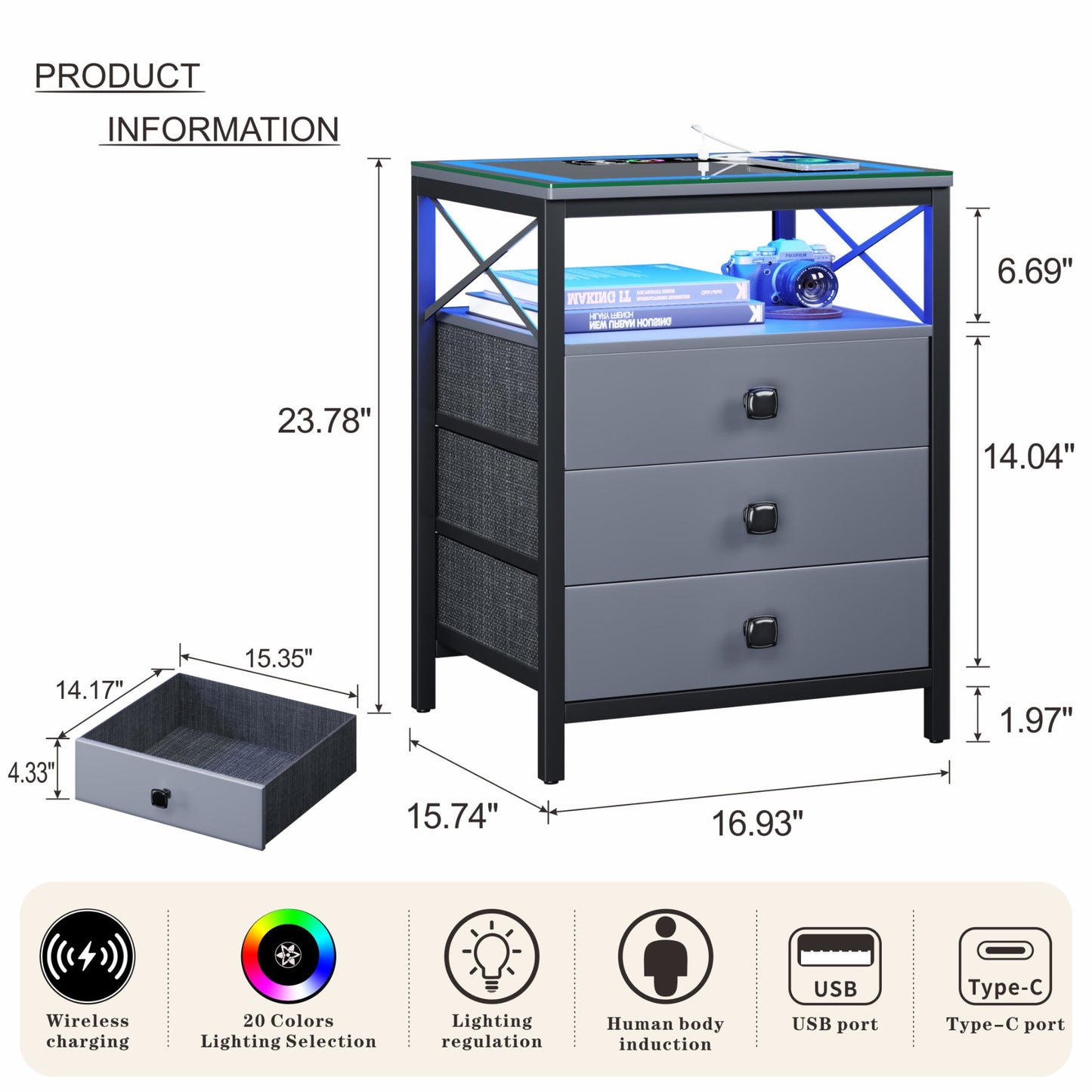 ✨End Table with Charging Station,Glass Top Night Stand with LED Lights,Nightstand with 3 Drawers for Bedroom,Morden Side Table🔮 with Storage Shelves for Smal🤩