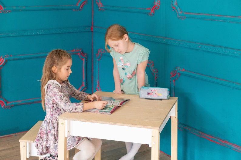 ✨Birch Plywood Kids Table and Chair🪑 Set: Space-Saving Storage & children's desk📖👦👧