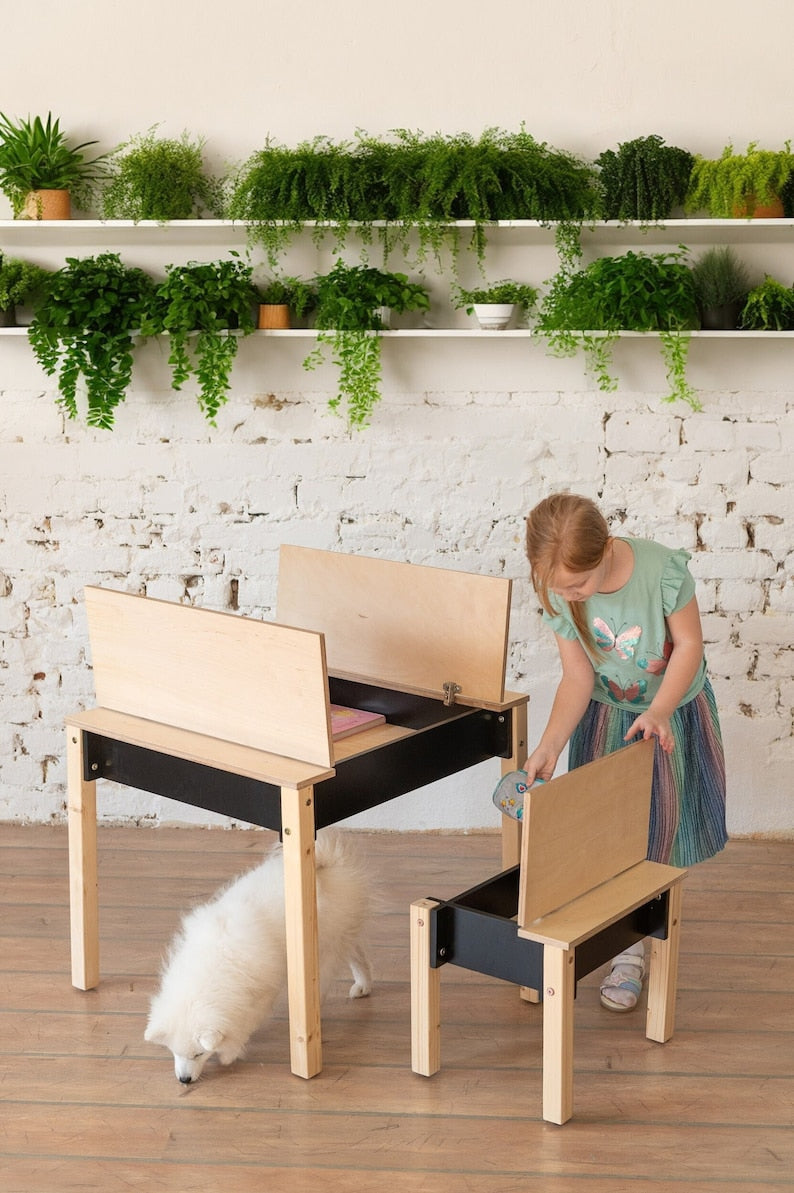 ✨Birch Plywood Kids Table and Chair🪑 Set: Space-Saving Storage & children's desk📖👦👧