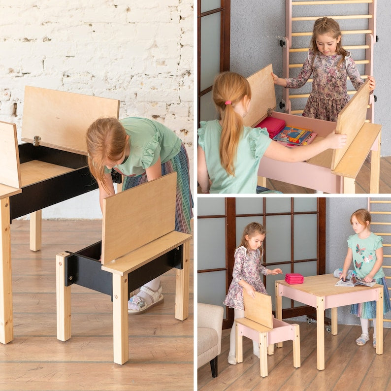 ✨Birch Plywood Kids Table and Chair🪑 Set: Space-Saving Storage & children's desk📖👦👧