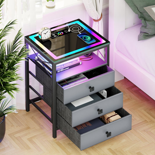 ✨End Table with Charging Station,Glass Top Night Stand with LED Lights,Nightstand with 3 Drawers for Bedroom,Morden Side Table🔮 with Storage Shelves for Smal🤩