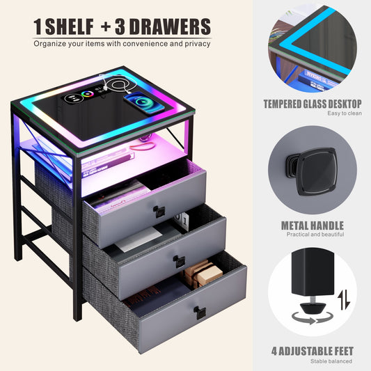 ✨End Table with Charging Station,Glass Top Night Stand with LED Lights,Nightstand with 3 Drawers for Bedroom,Morden Side Table🔮 with Storage Shelves for Smal🤩